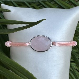 Rozenkwarts armband met koord roze (zilver)