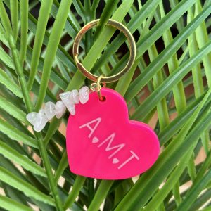 Sleutelhanger hart met rozenkwarts en initialen - Roze