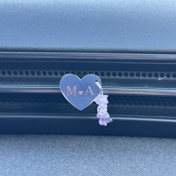 Hart met initialen en Amethist voor in de auto (zilver)